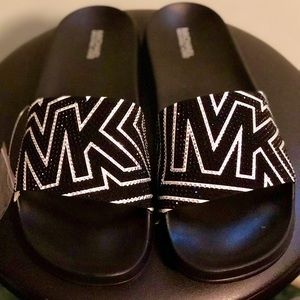 Michael Kors Black & White Rhinestone Logo Slides